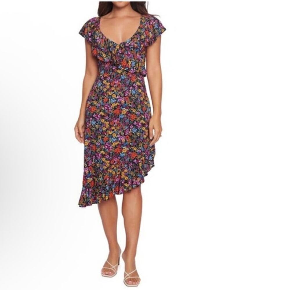 Lost + Wander Sleeveless Flora Garden Asymmetric Hem Ruffled Midi Dress XS